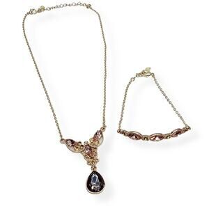 Dusty Pink & Brown Glass Rhinestone Gold Romantic Necklace Bracelet Jewelry Set
